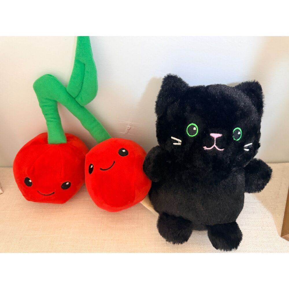 Cheerful Cherry Duo and Animal Adventure Black Cat - Plush Stuffed Animals